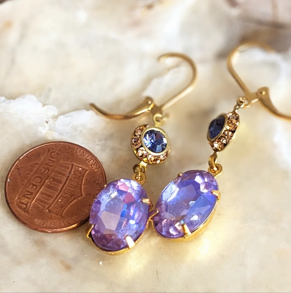 Tanzanite Sparkles Swarovski Purple AB And Flower Drop Down Earrings - Picture 5 of 5